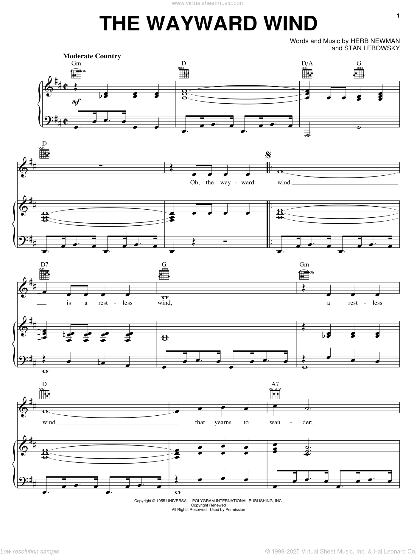 The Wayward Wind sheet music for voice, piano or guitar (PDF)