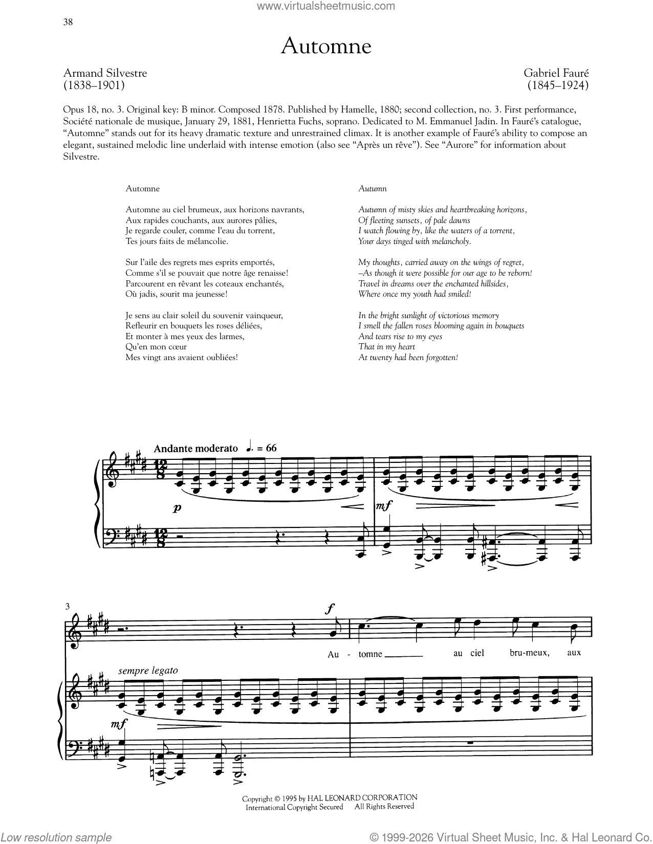Automne sheet music for voice and piano (High Voice) (PDF)