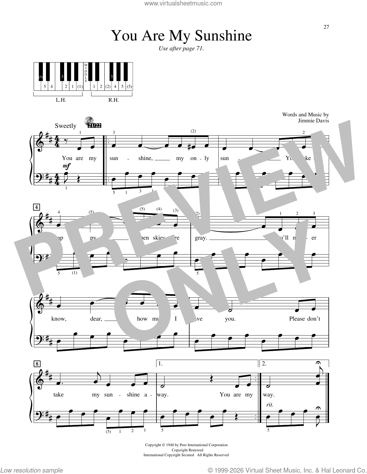 You Are My Sunshine sheet music for piano solo (elementary) (PDF)