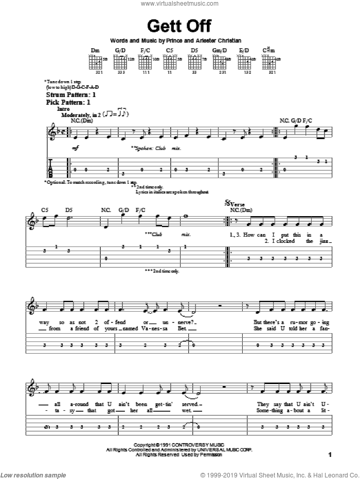 Prince - Gett Off sheet music for guitar solo (easy tablature)