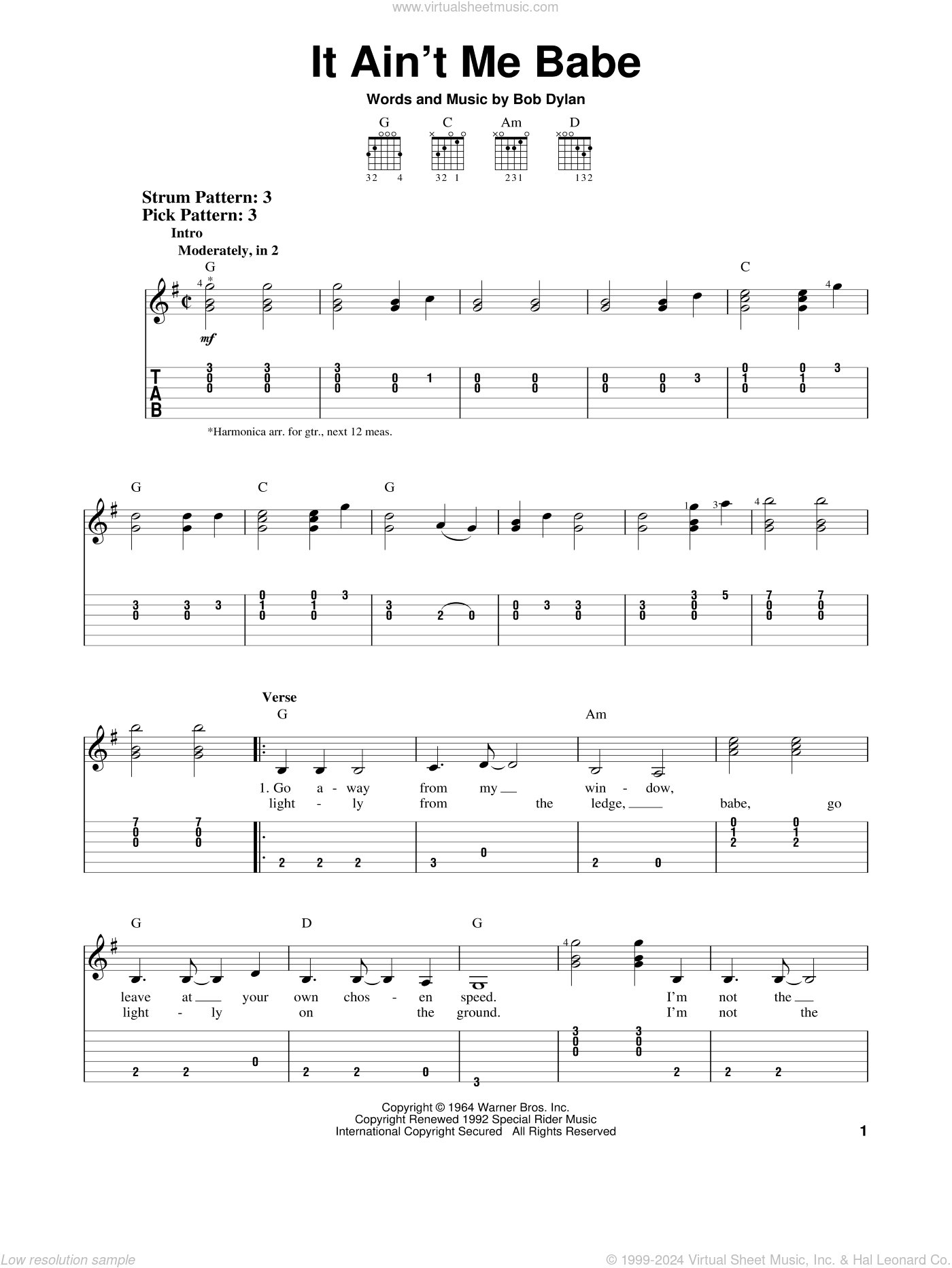 Johnny Cash: It Ain't Me Babe sheet music for guitar solo (easy tablature)