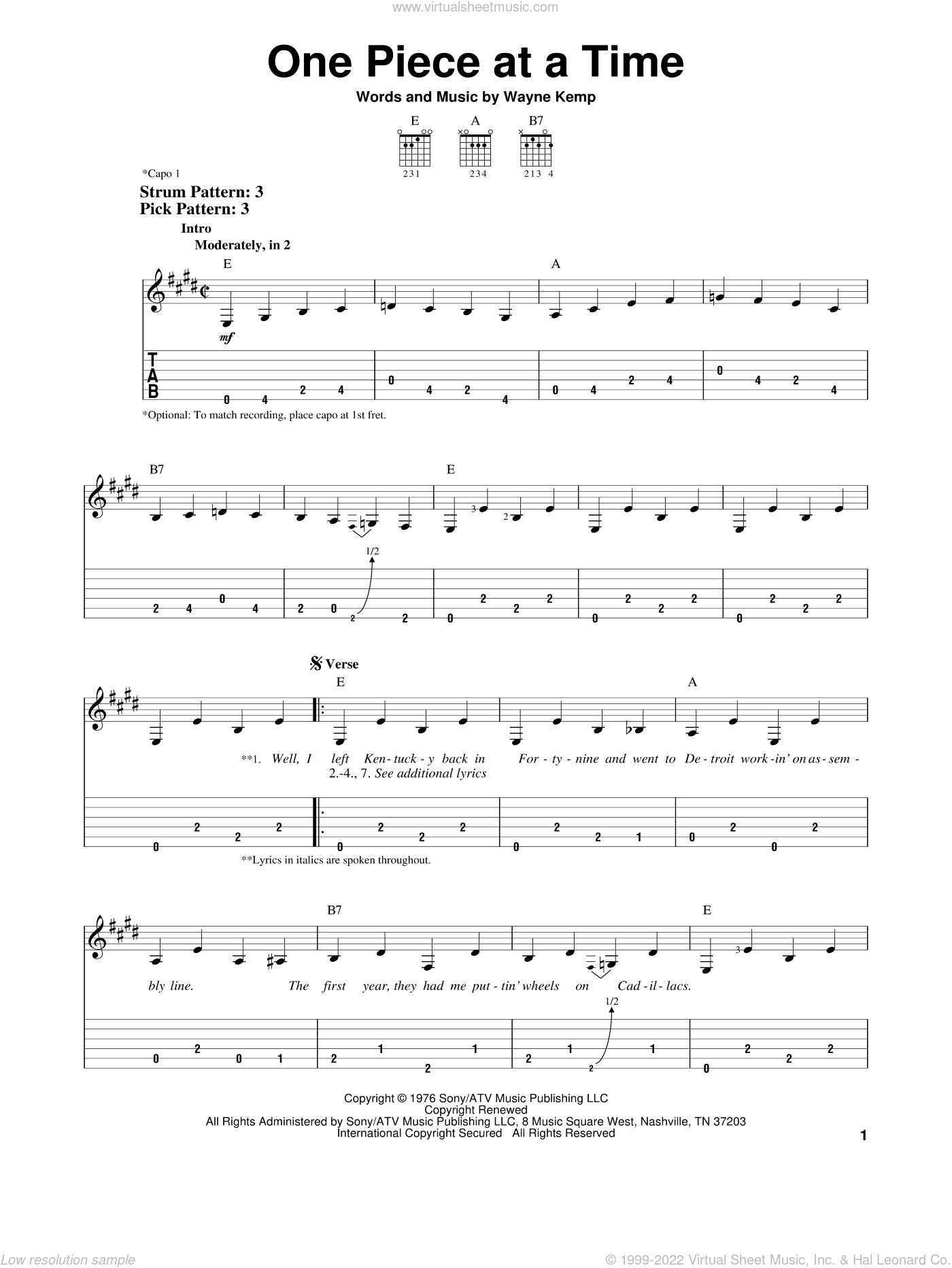 Cash One Piece At A Time Sheet Music For Guitar Solo Easy Tablature