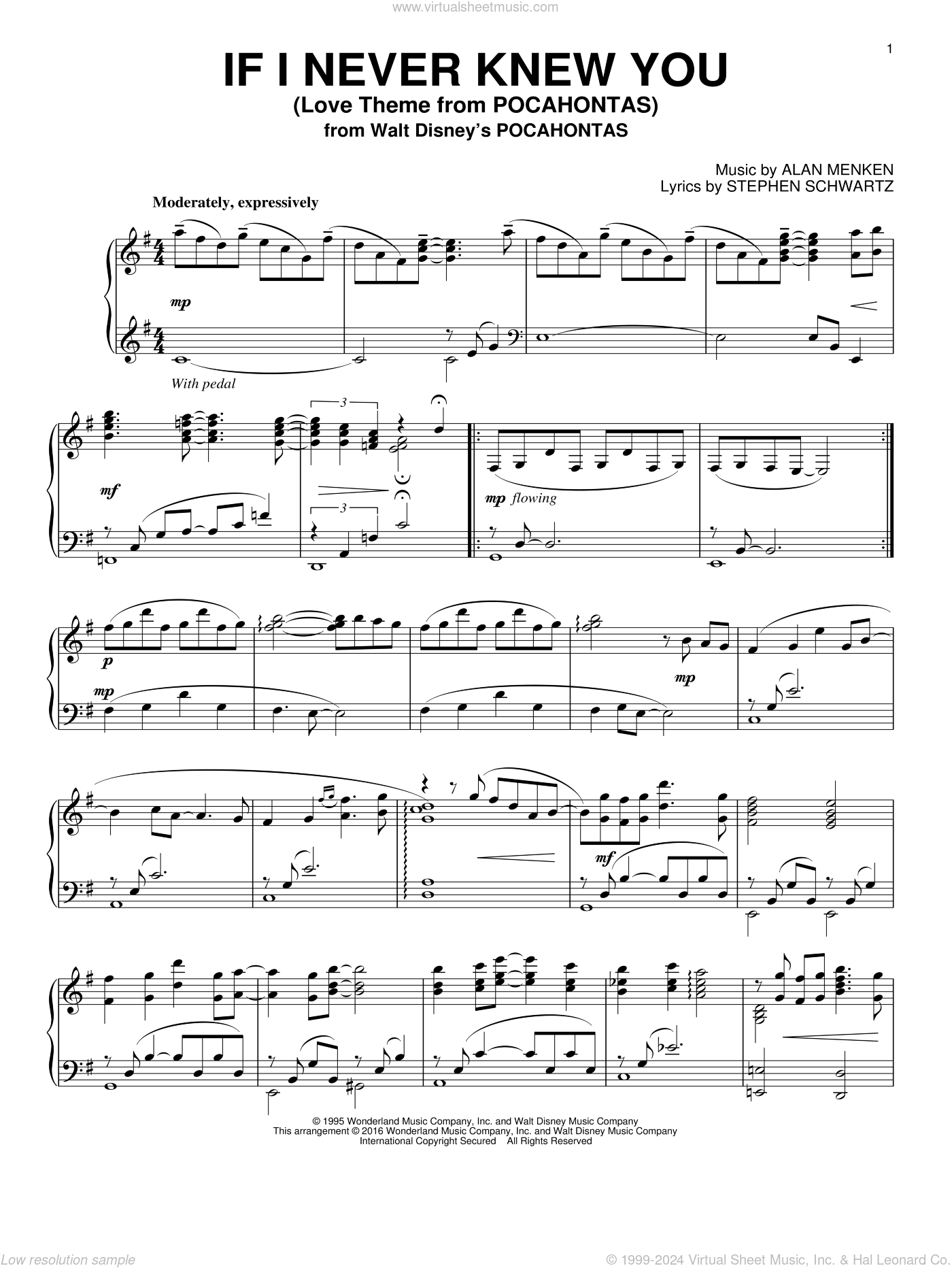 If I Never Knew You (End Title) (from Pocahontas) sheet music for