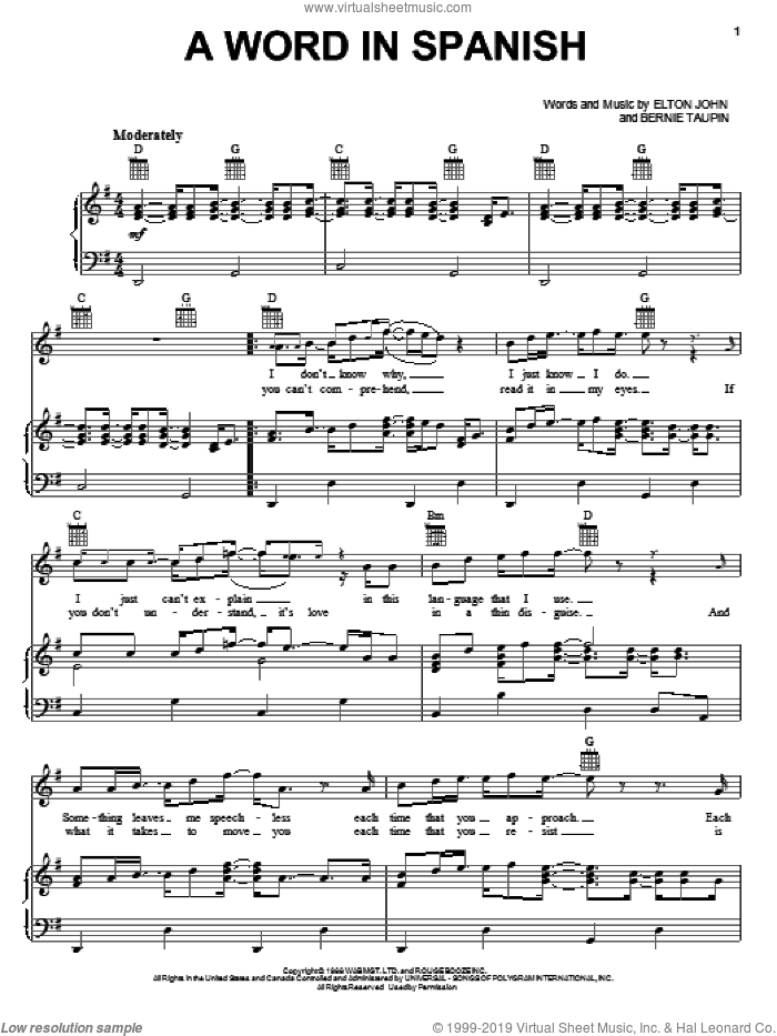 A Word In Spanish sheet music for voice, piano or guitar (PDF)