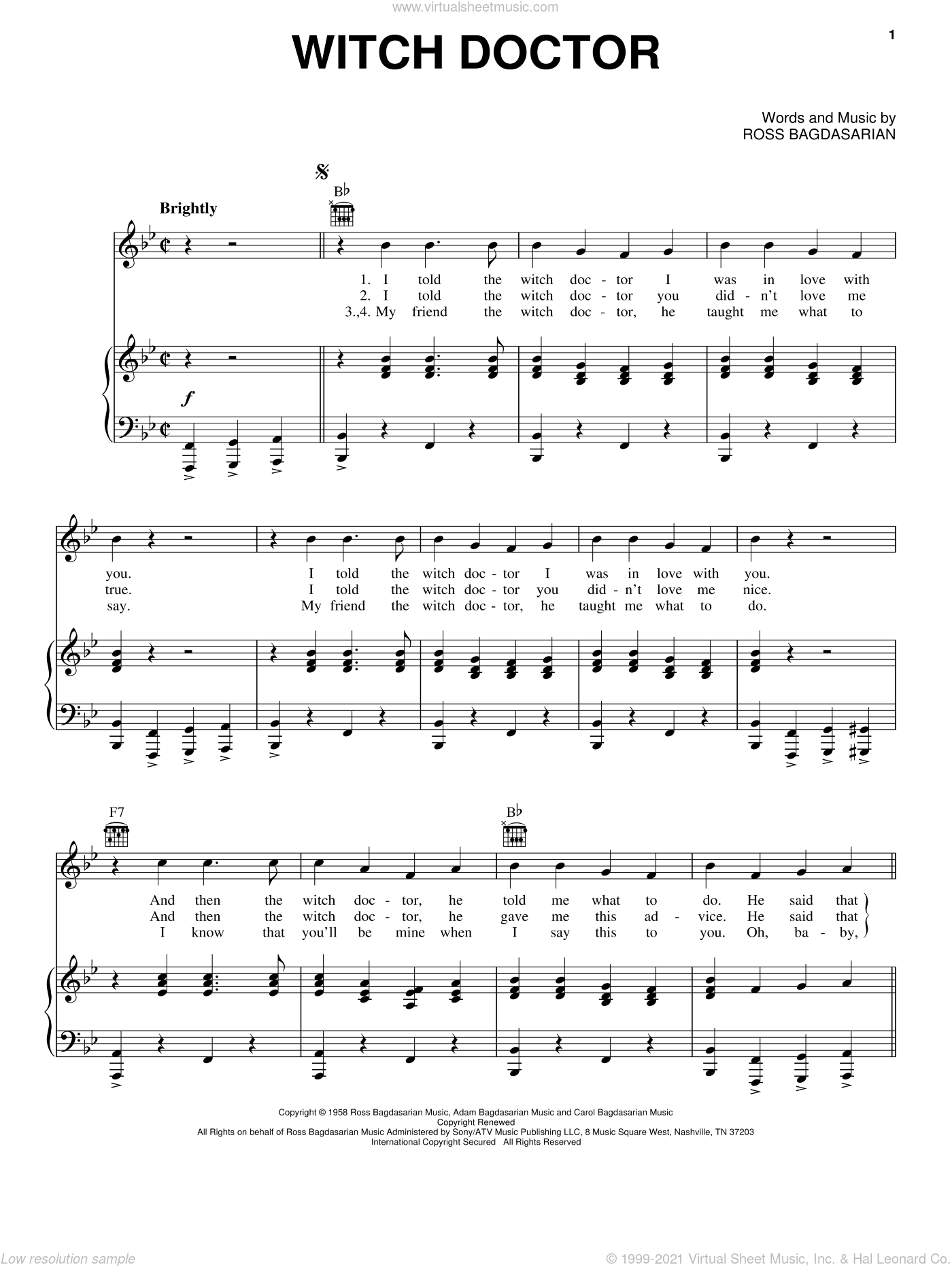 Chipmunks - Witch Doctor sheet music for voice, piano or guitar v2