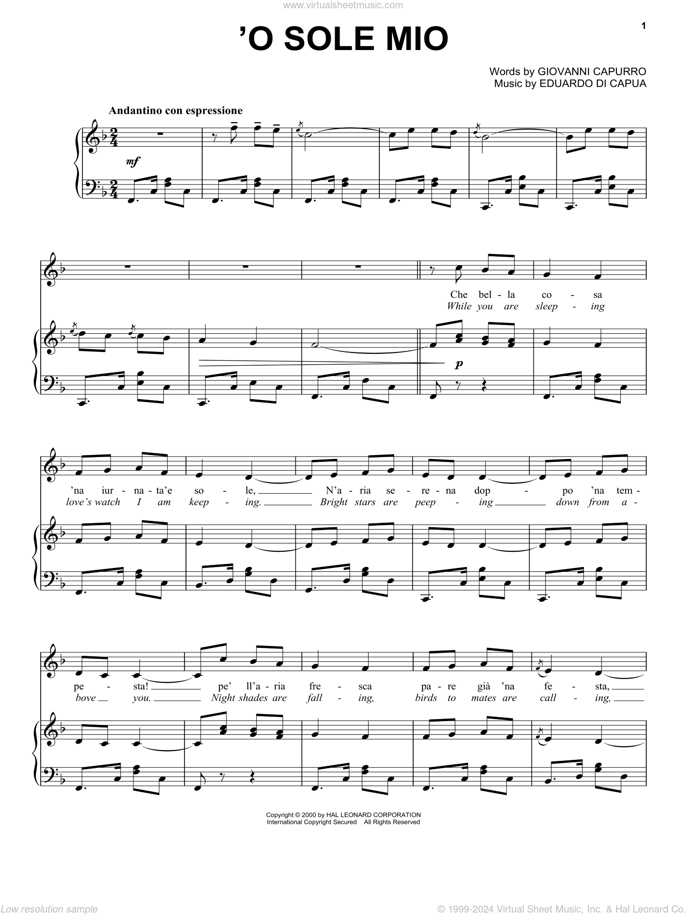 O Sole Mio sheet music for voice and piano (PDF-interactive)