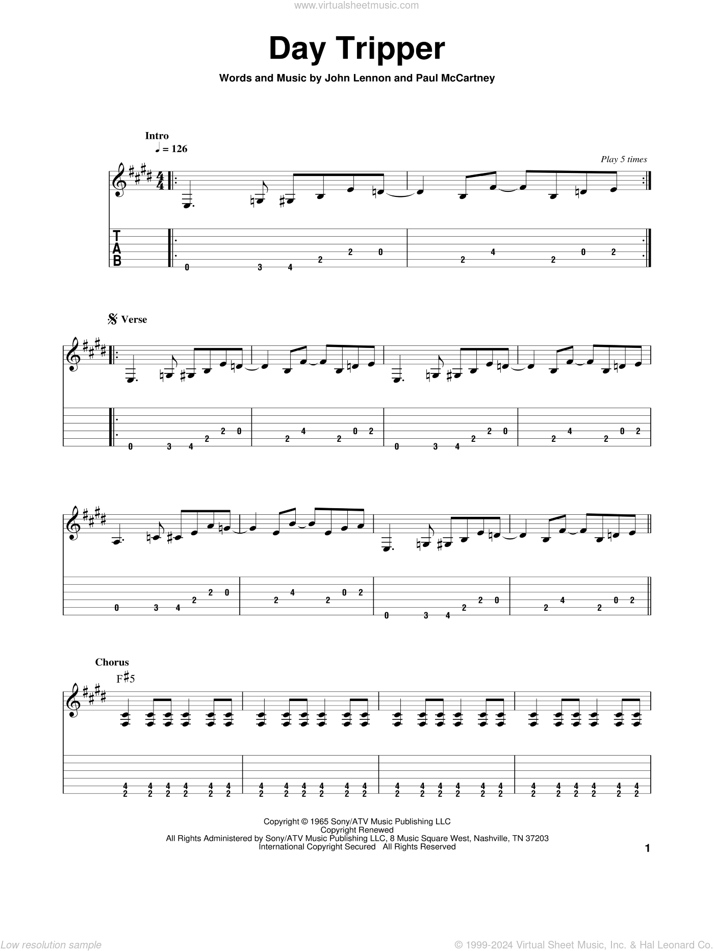 Day Tripper, (intermediate) sheet music for guitar solo (PDF)