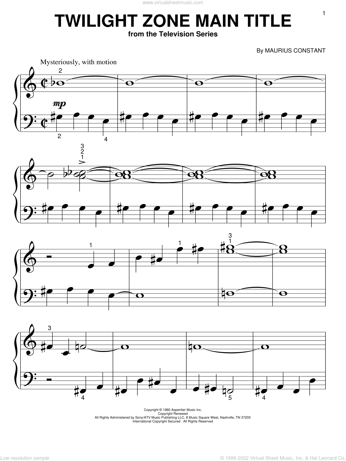 Constant - Twilight Zone Main Title sheet music for piano solo (big