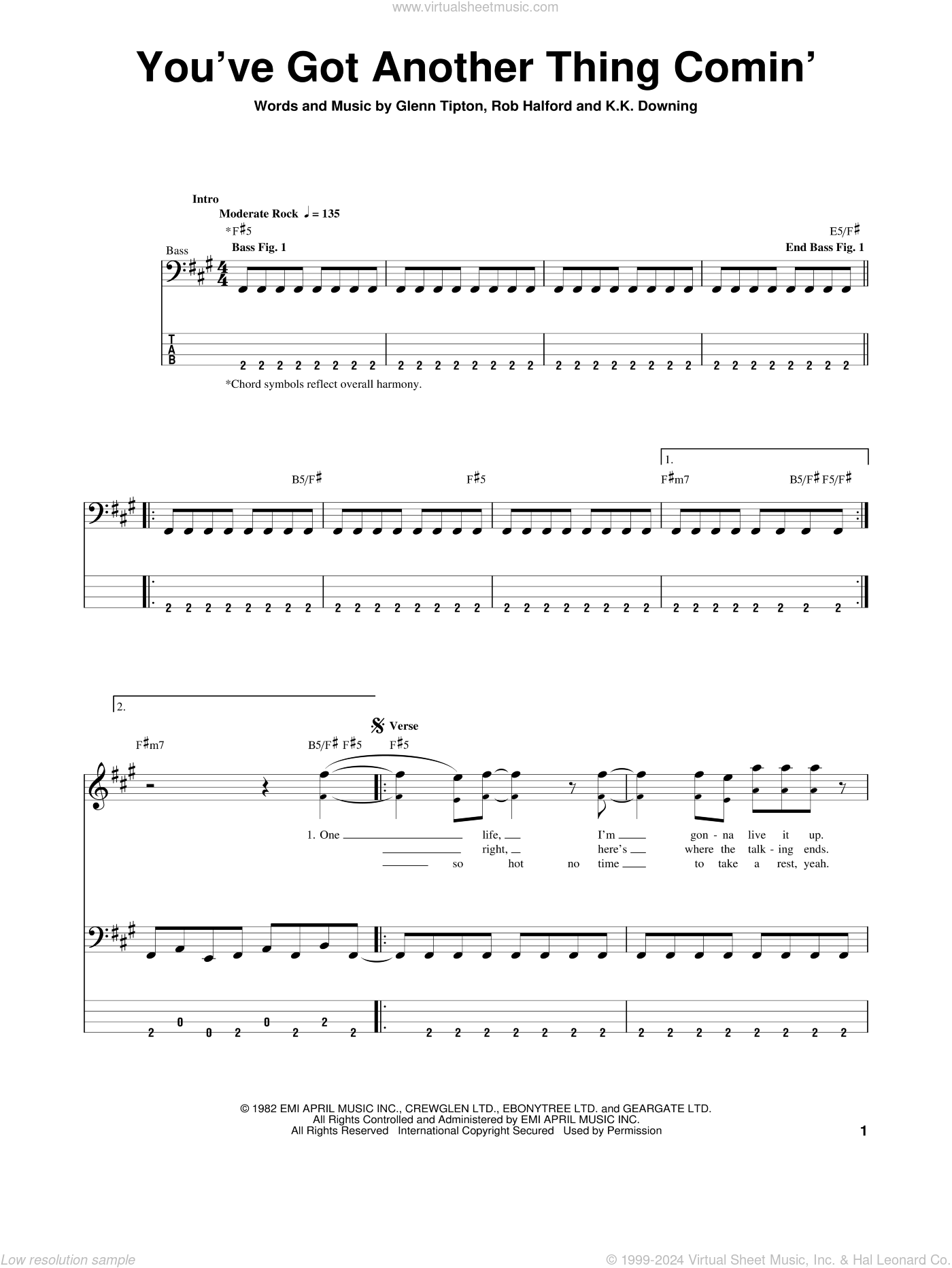 You've Got Another Thing Comin' sheet music for bass (tablature) (bass