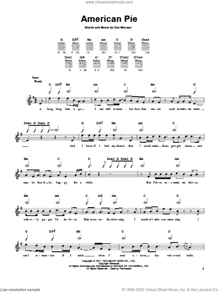 McLean American Pie sheet music (easy) for guitar solo (chords)