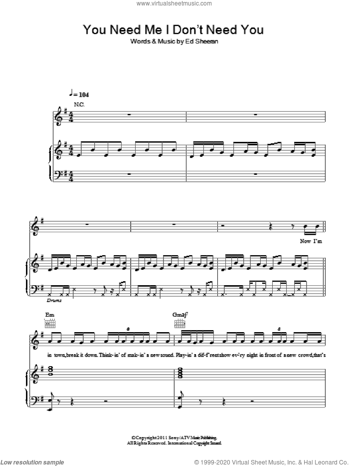 You Need Me I Don't Need You sheet music for voice, piano or guitar v2