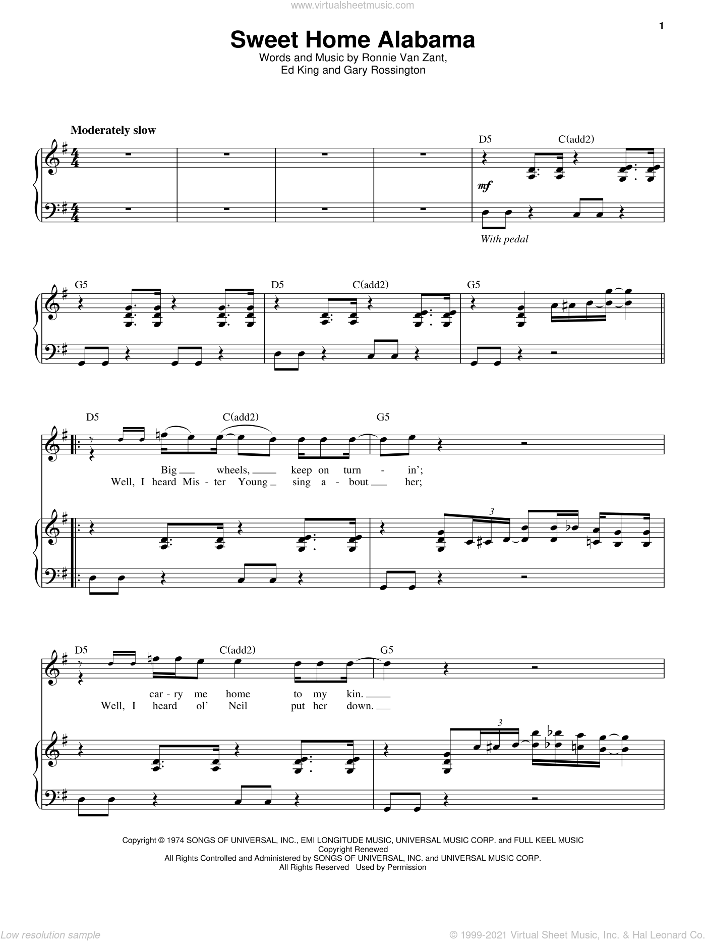 Sweet Home Alabama for voice and piano.