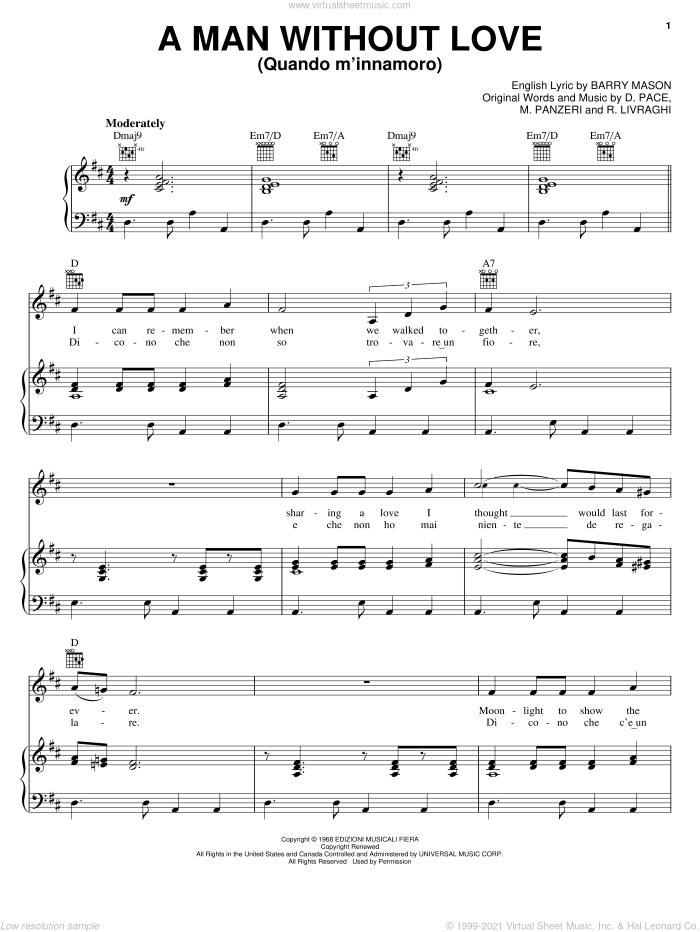 Humperdinck A Man Without Love Quando M Innamoro Sheet Music For Voice Piano Or Guitar