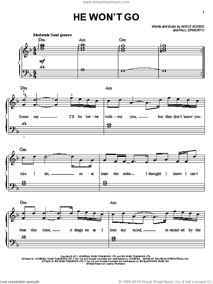 Adele - He Won't Go sheet music for piano solo (PDF-interactive)