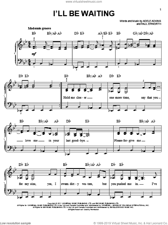 Adele I Ll Be Waiting Sheet Music For Piano Solo Pdf