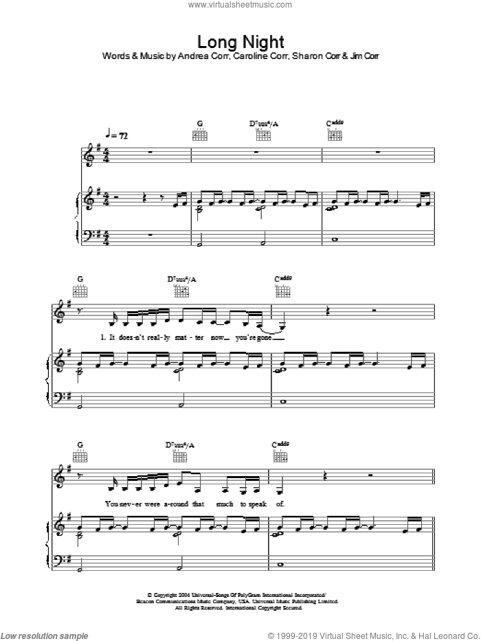 Long Night sheet music for voice, piano or guitar (PDF)