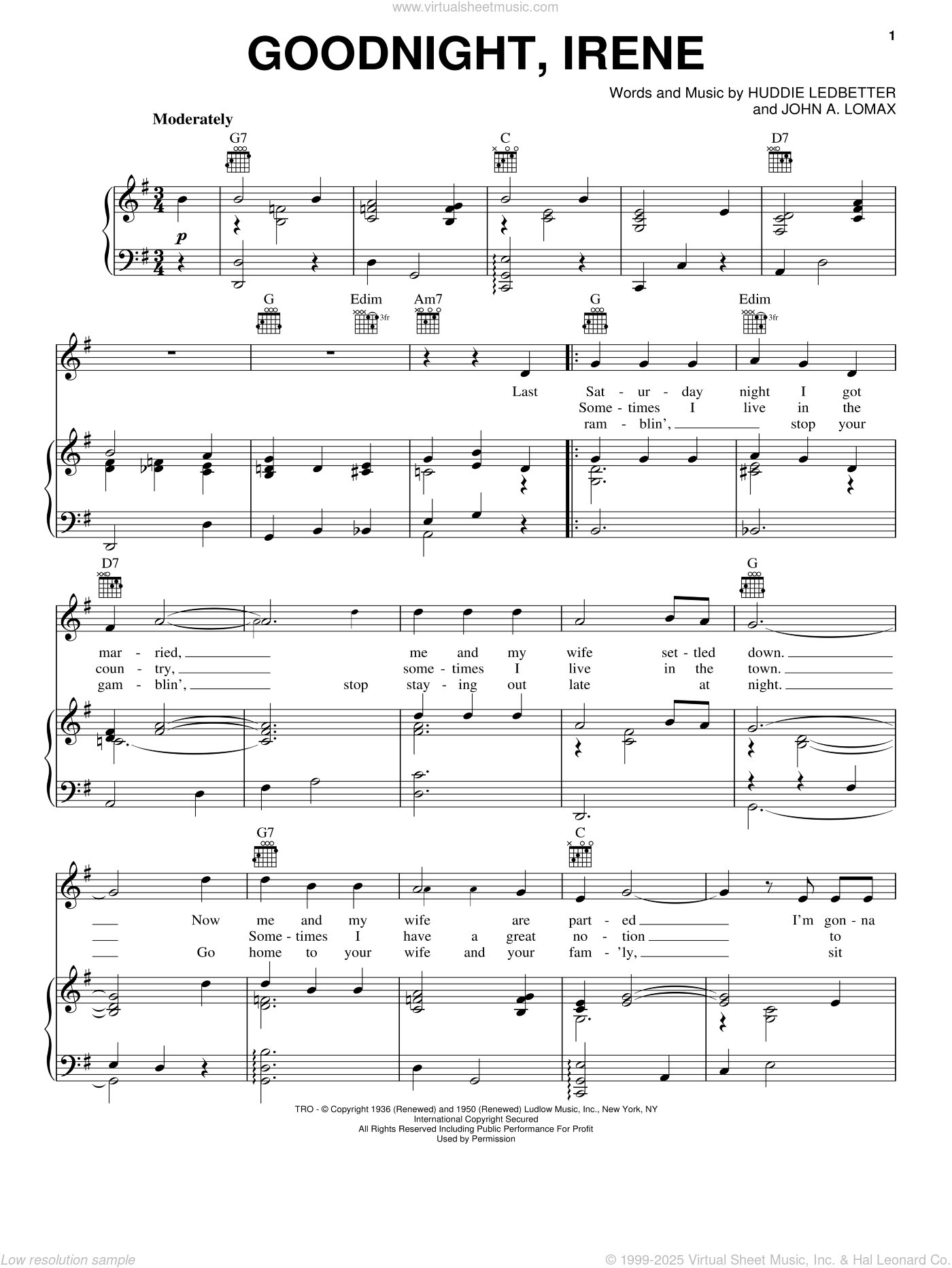 Cash - Goodnight, Irene sheet music for voice, piano or guitar