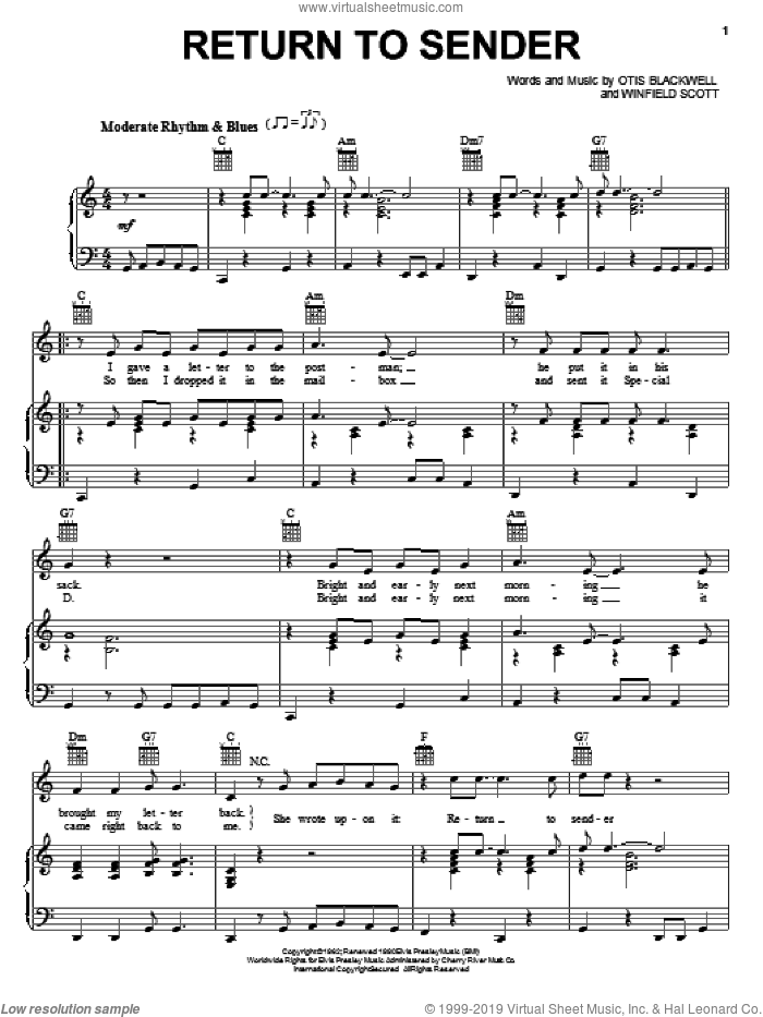 Return To Sender sheet music for voice, piano or guitar (PDF)