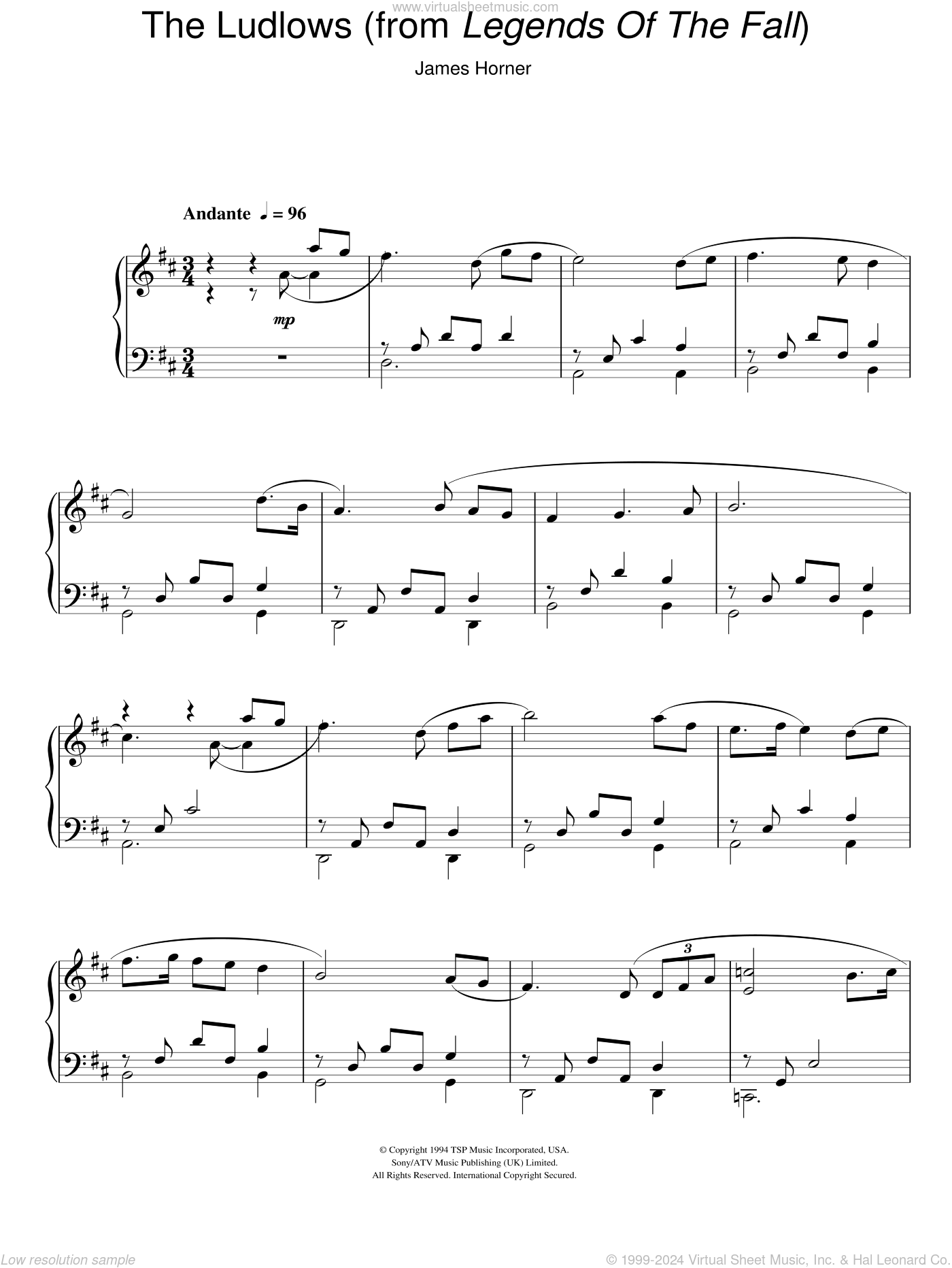 Horner - The Ludlows sheet music (intermediate) for piano solo