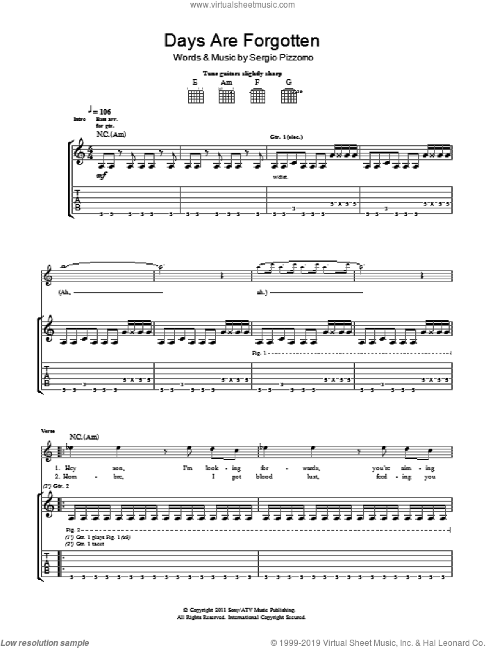 Days Are Forgotten sheet music for guitar (tablature) (PDF)