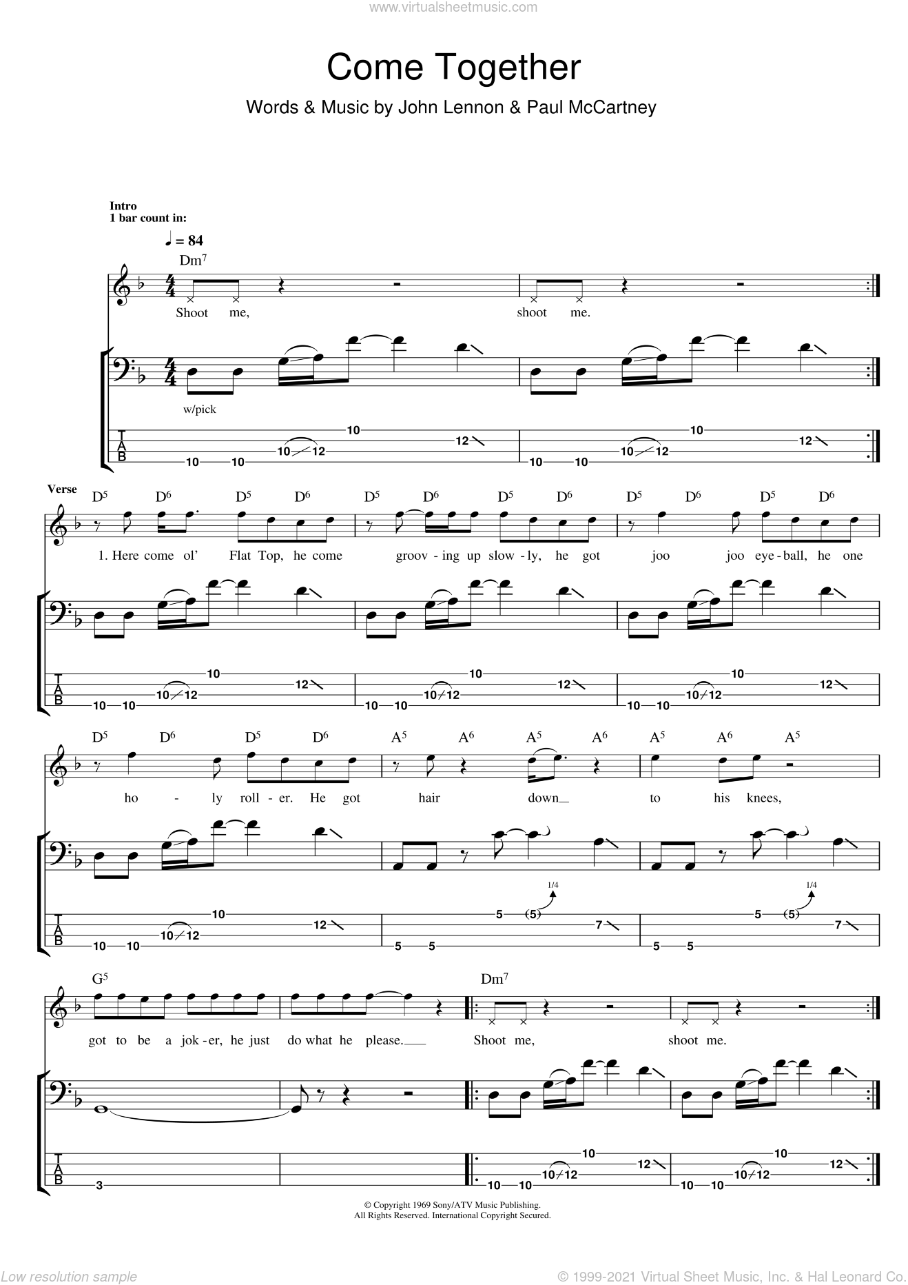 Beatles Come Together Sheet Music For Bass Tablature Bass Guitar V2