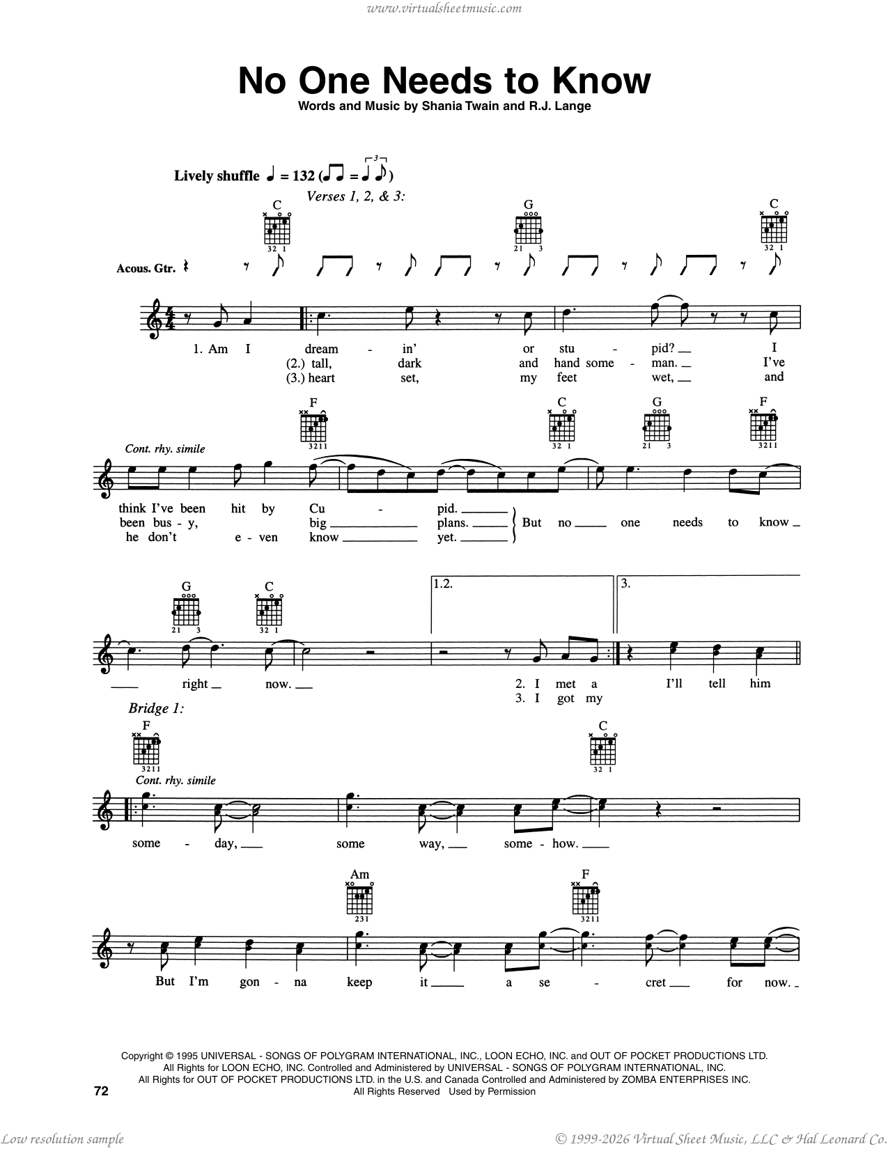 No One Needs To Know sheet music for guitar (tablature) (PDF)