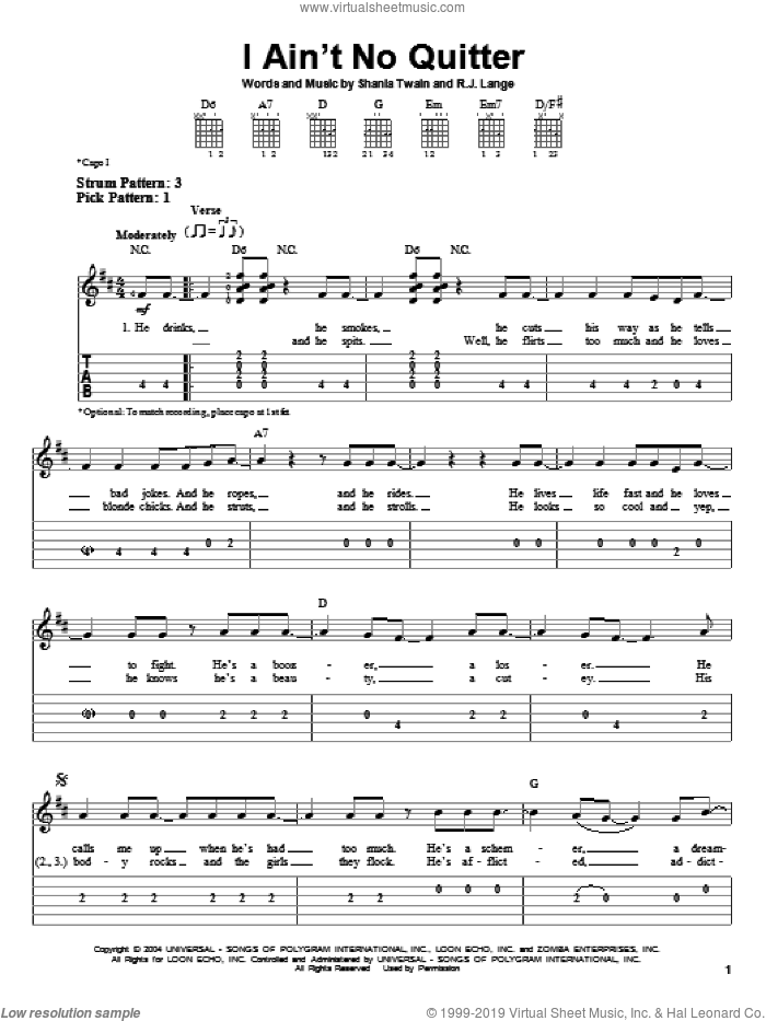 I Ain't No Quitter sheet music for guitar solo (easy tablature)