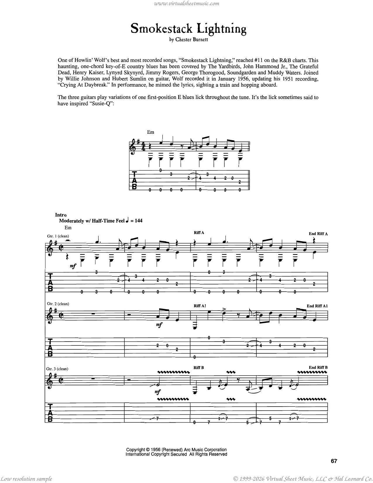 Howlin' Wolf: Smokestack Lightning sheet music for guitar (tablature)
