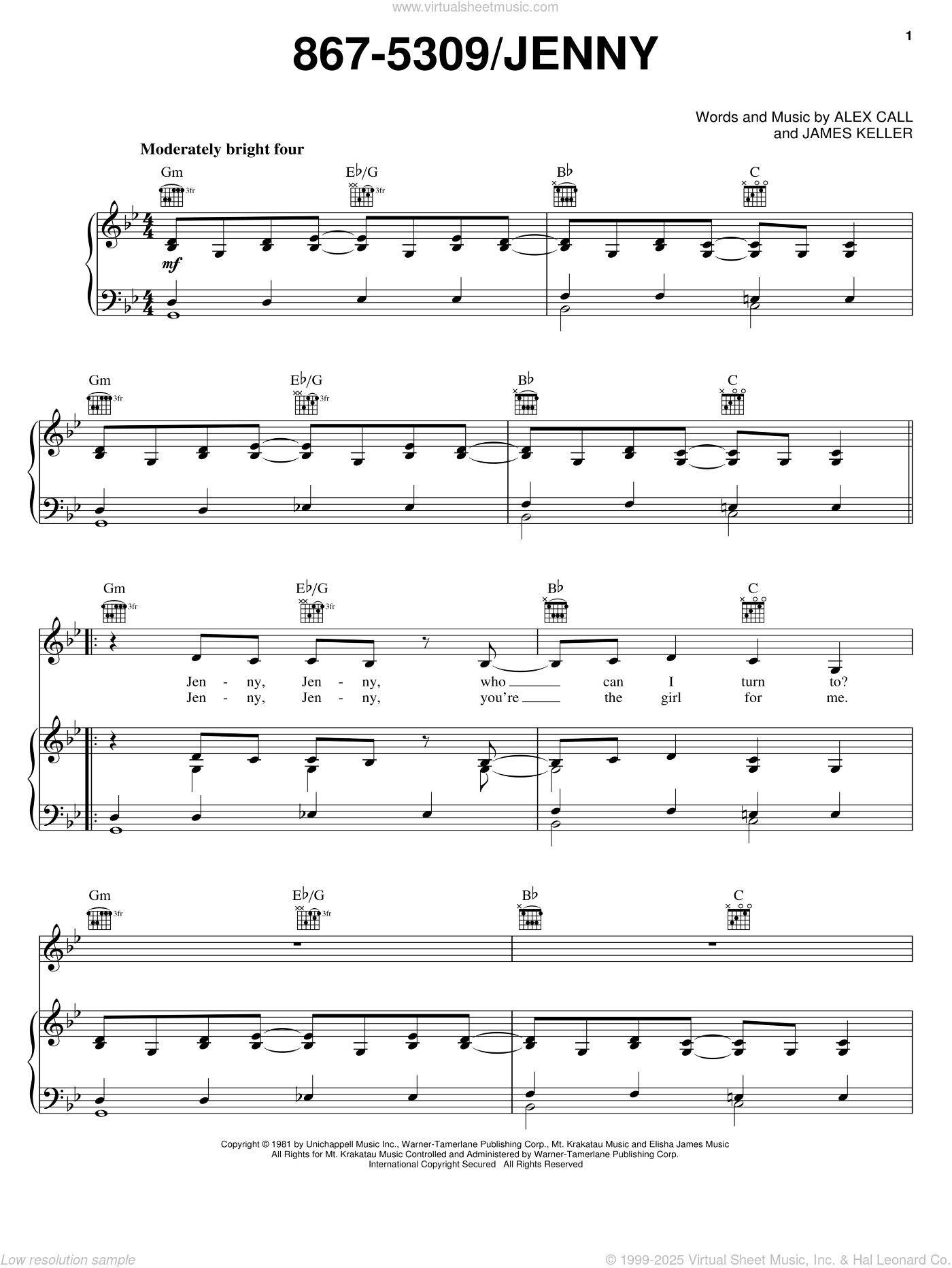 867-5309/Jenny sheet music for voice, piano or guitar (PDF)