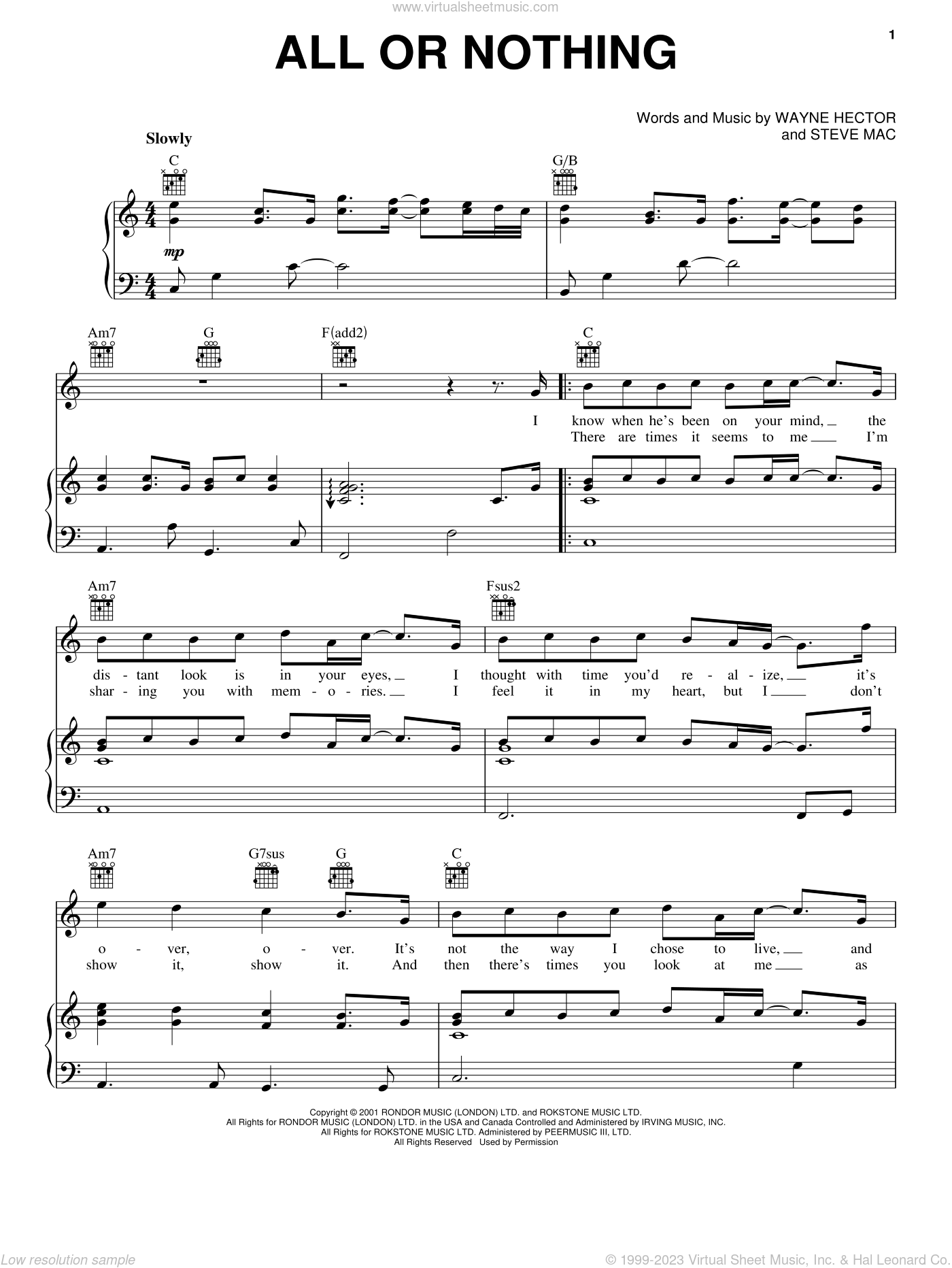 O Town All Or Nothing Sheet Music For Voice Piano Or Guitar