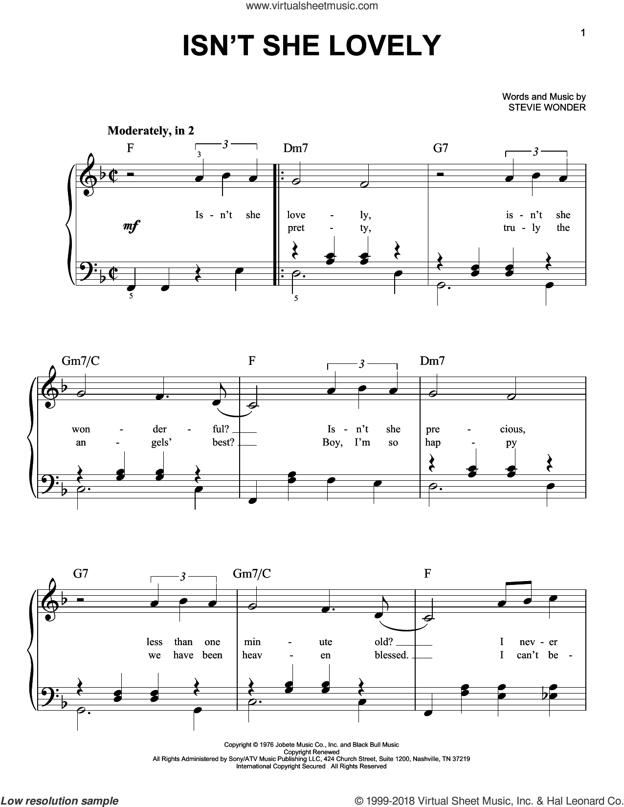 Jardines soltero guitarra Isn't She Lovely sheet music for piano solo (PDF-interactive)