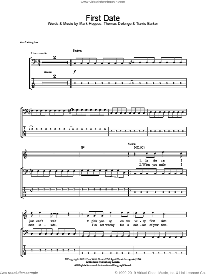 Blink-182 - First Date Sheet Music For Bass (Tablature) (Bass Guitar)