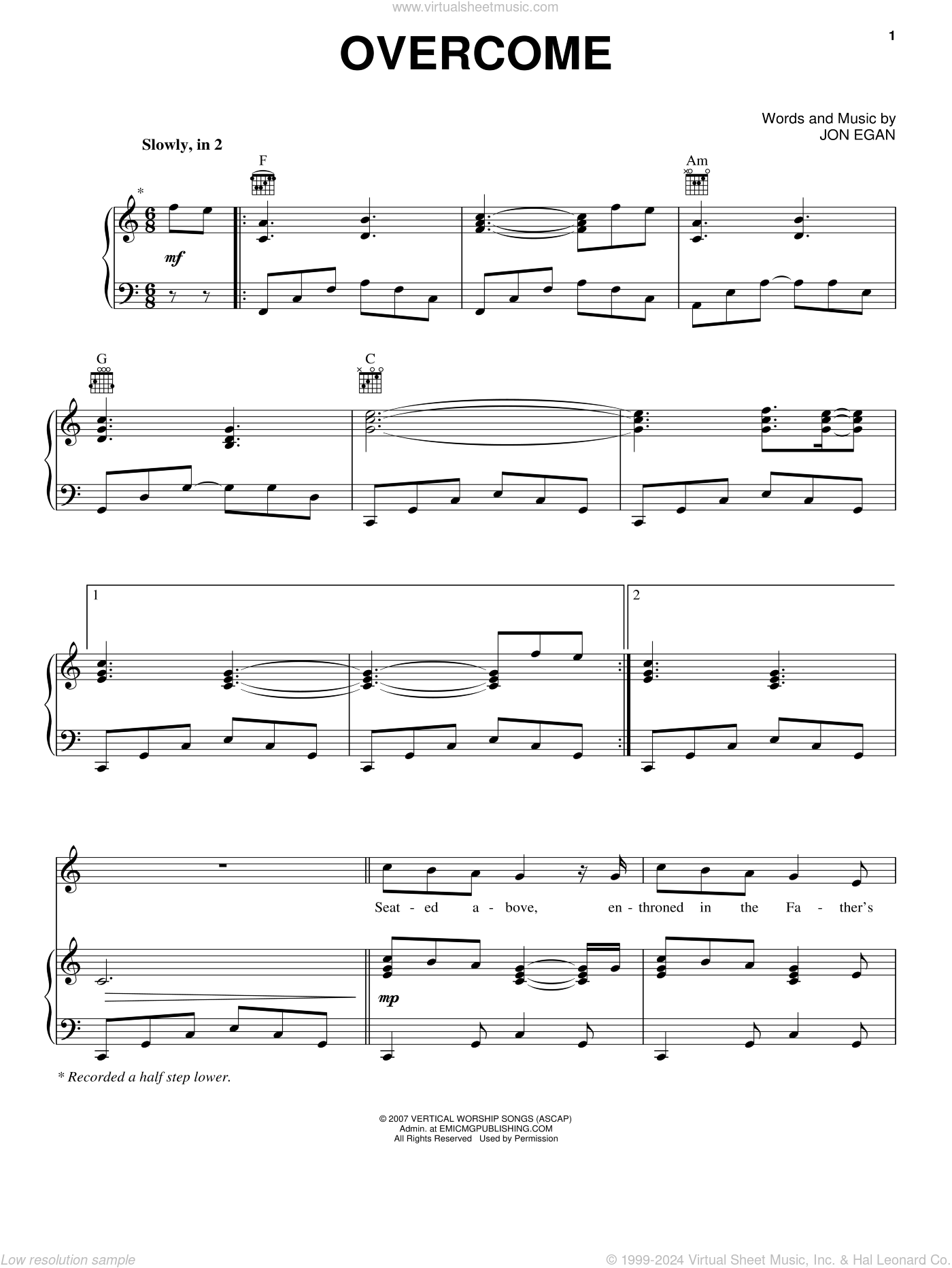 Jon Egan: Overcome sheet music for voice, piano or guitar (PDF)