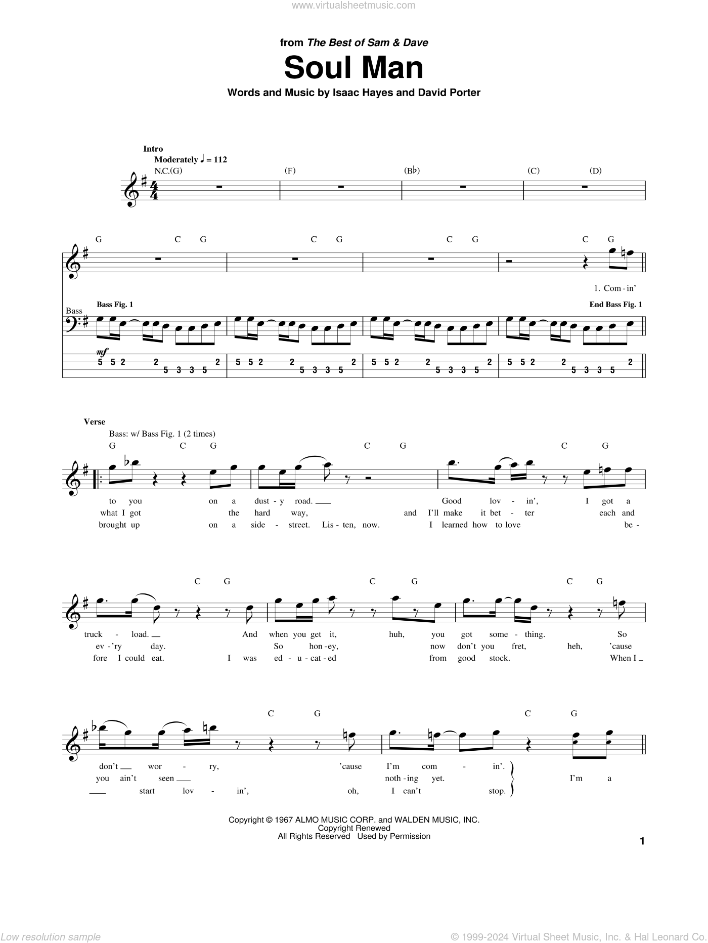 Soul Man sheet music for bass tablature bass guitar PDF