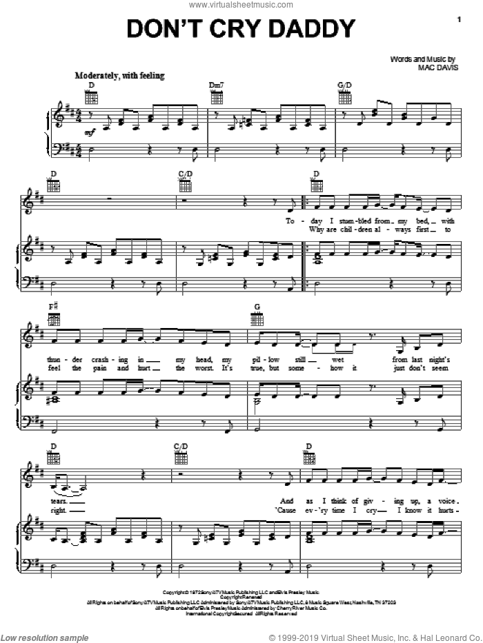 Presley Don T Cry Daddy Sheet Music For Voice Piano Or Guitar
