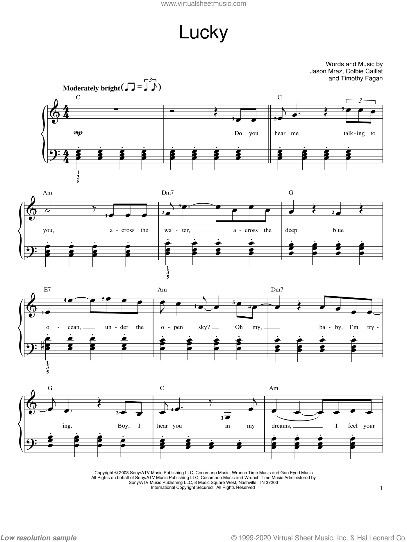 Turbine Oost Timor Soepel Jason Mraz & Colbie Caillat: Lucky sheet music for piano solo