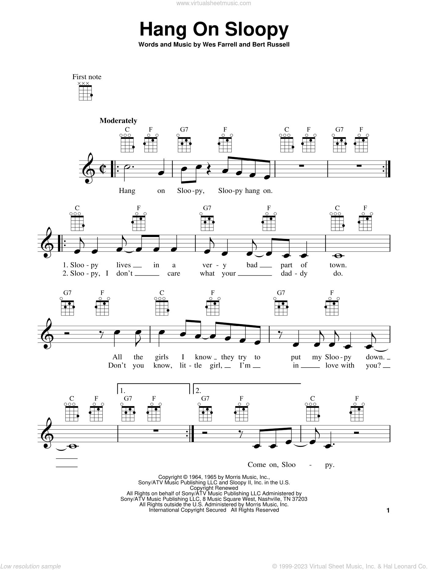 Hang On Sloopy sheet music for ukulele (PDF)