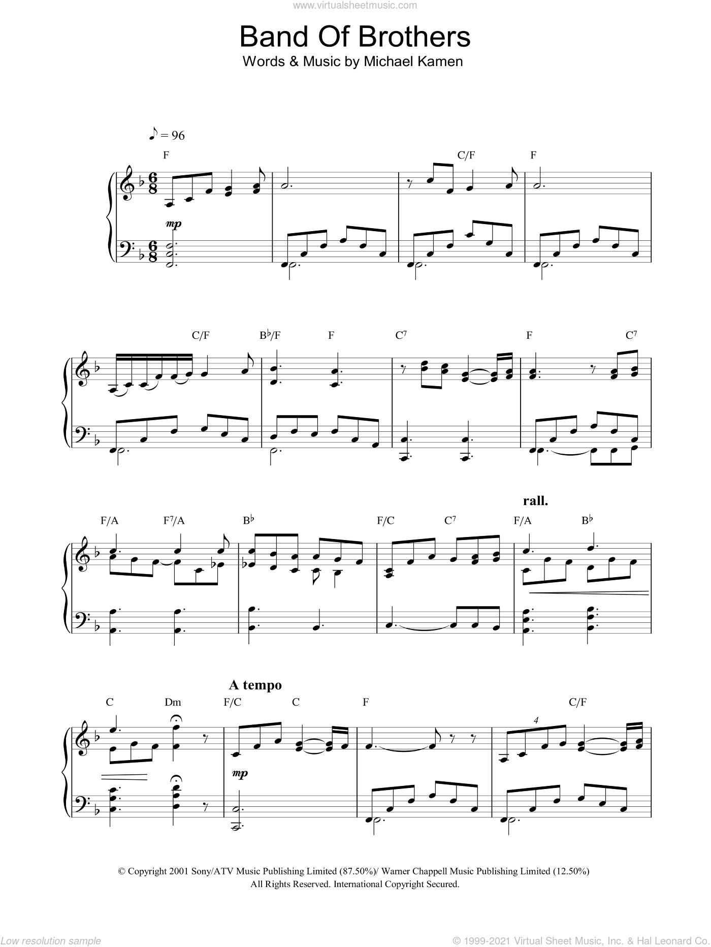 Kamen - Band Of Brothers sheet music for piano solo [PDF]