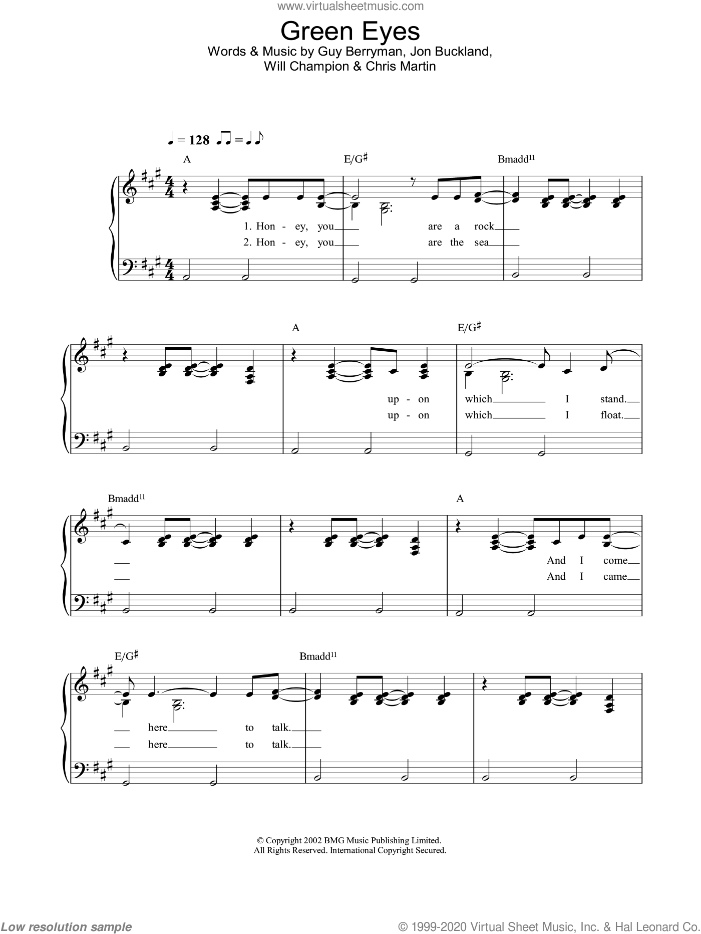 Coldplay - Green Eyes sheet music for piano solo v2
