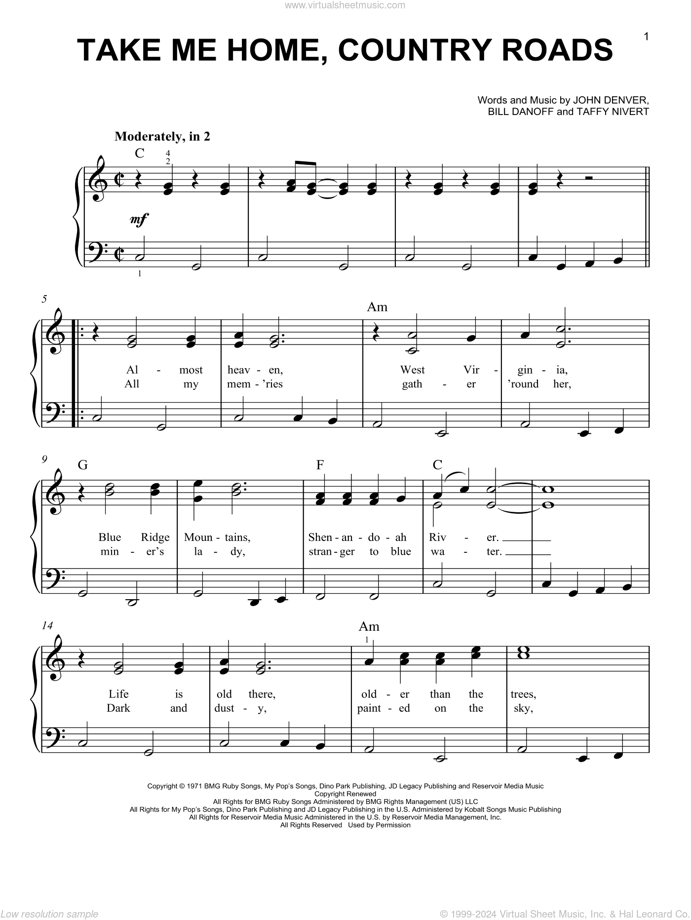 Denver Take Me Home Country Roads Easy Sheet Music For Piano Solo - country roads roblox piano
