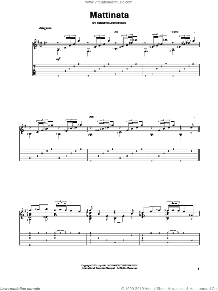 Mattinata sheet music for guitar solo (PDF)