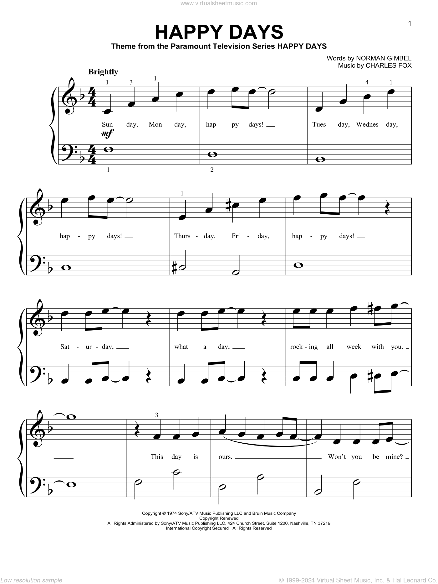 Happy Days sheet music for piano solo (big note book) (PDF)