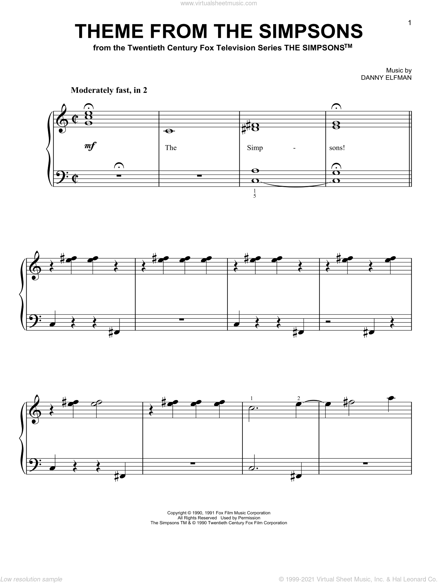 Elfman - Theme From The Simpsons, (Easy) Sheet Music For Piano Solo