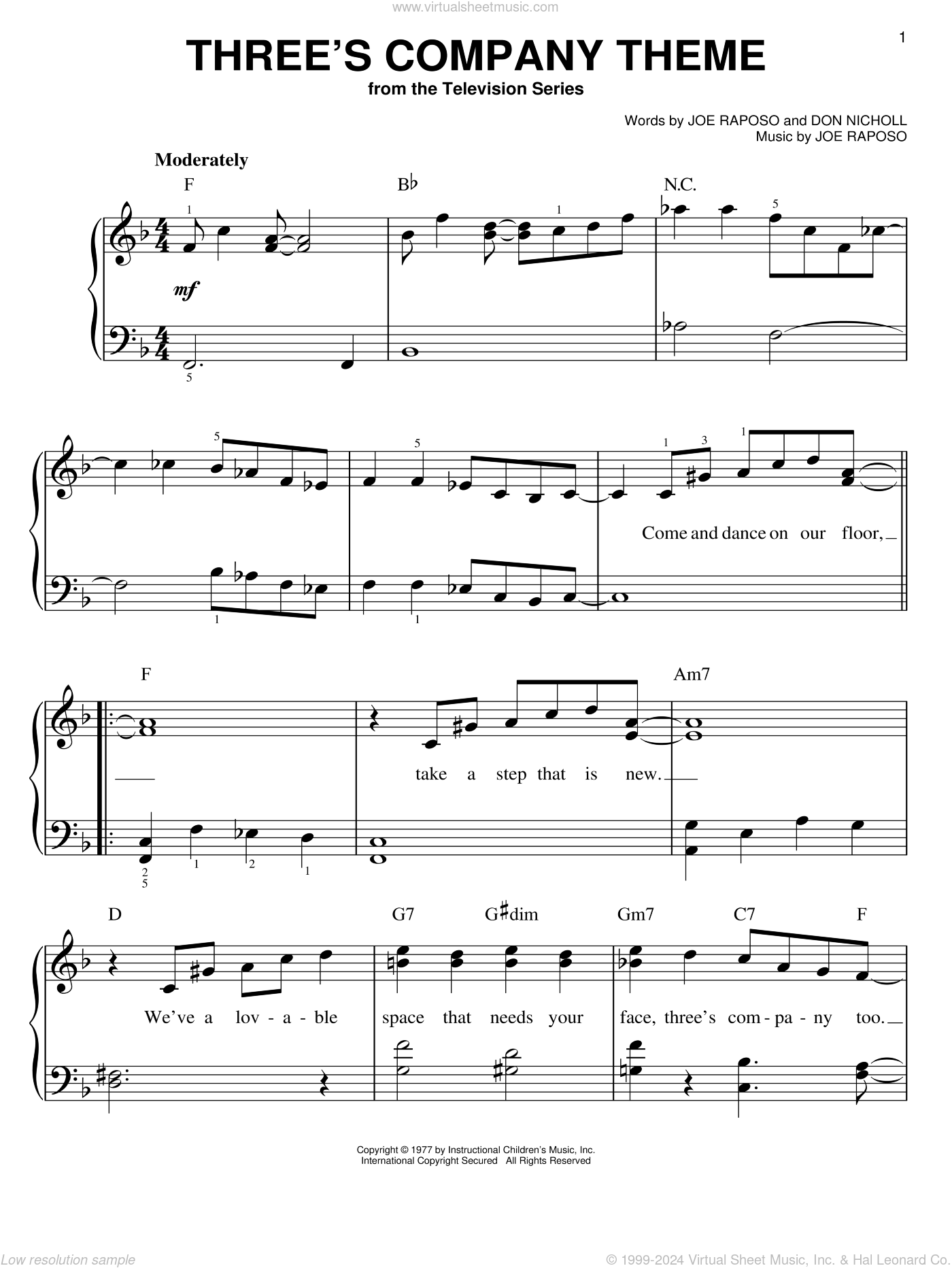 Three&rsquo;s Company Theme sheet music for piano solo (PDF)