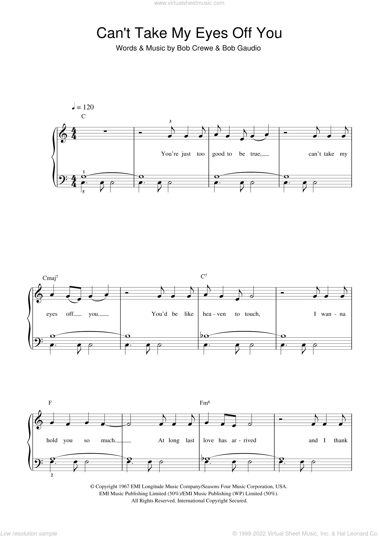 Can't Take My Eyes Off Of You sheet music (beginner) for piano solo ...