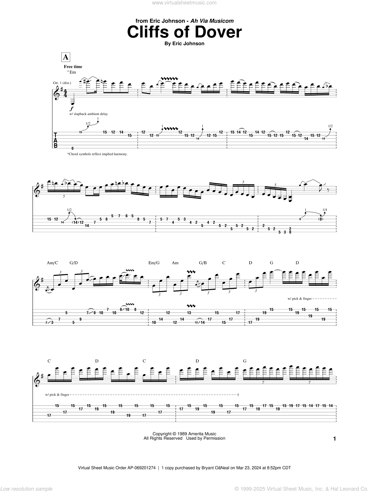 Cliffs Of Dover sheet music for guitar (tablature) v2