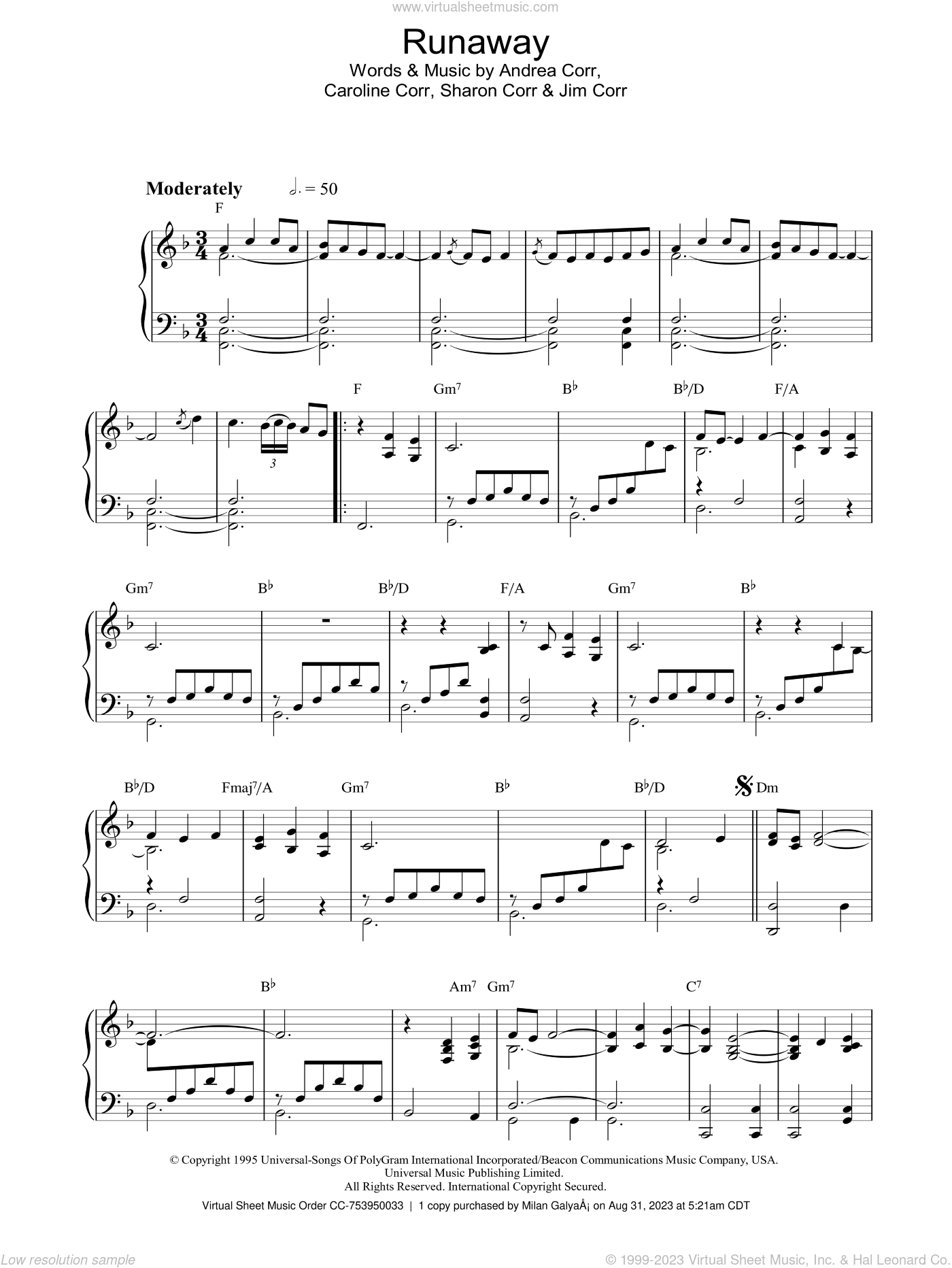 Corrs - Runaway sheet music for piano solo [PDF]