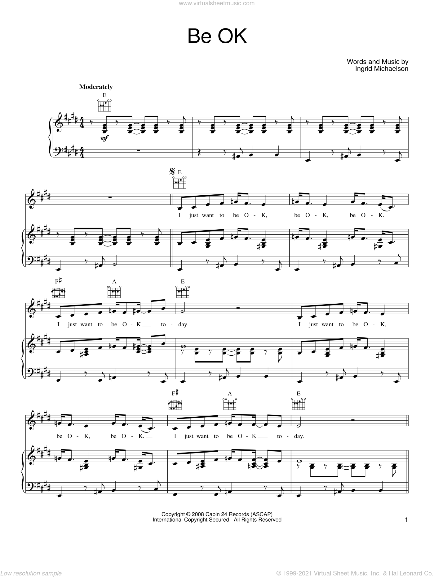 Michaelson - Be OK sheet music for voice, piano or guitar (PDF)