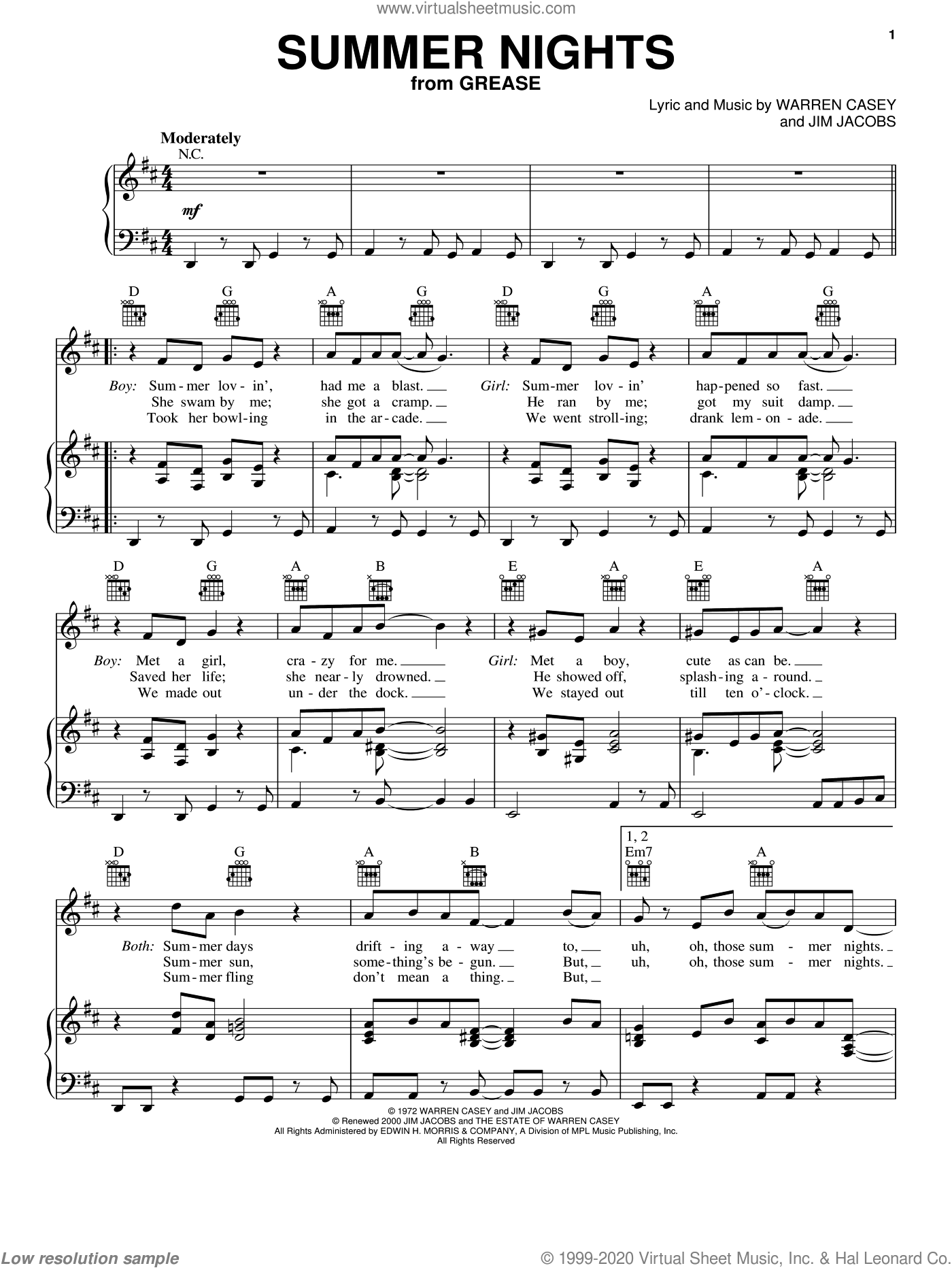 Summer Nights (from Grease) sheet music for voice, piano or guitar