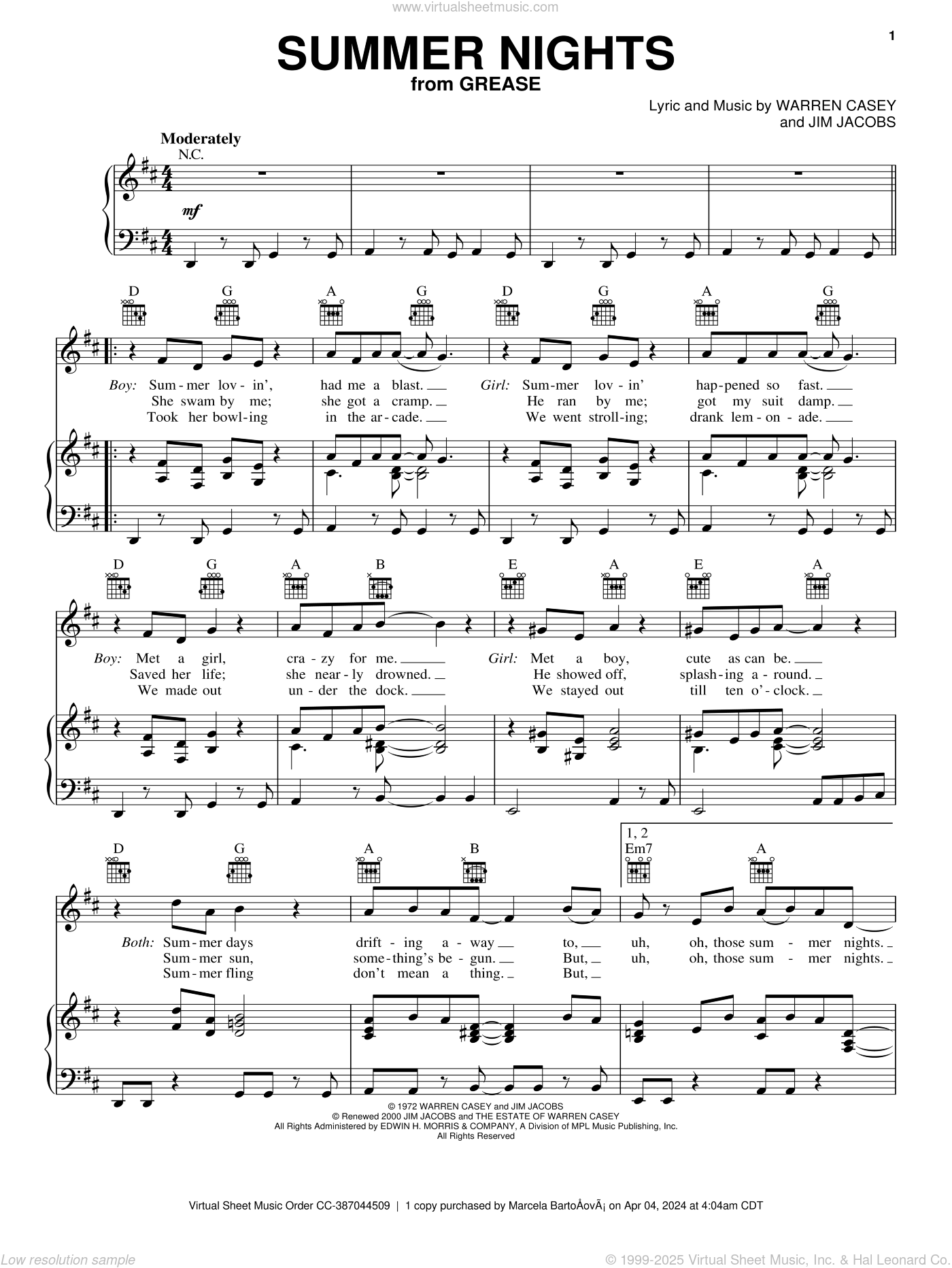 Summer Nights (from Grease) sheet music for voice, piano or guitar